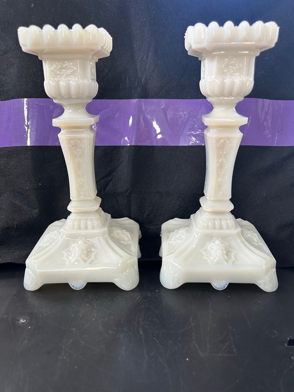 UV Reactive Antique Fairground Opaline Milk Glass Candle Holders